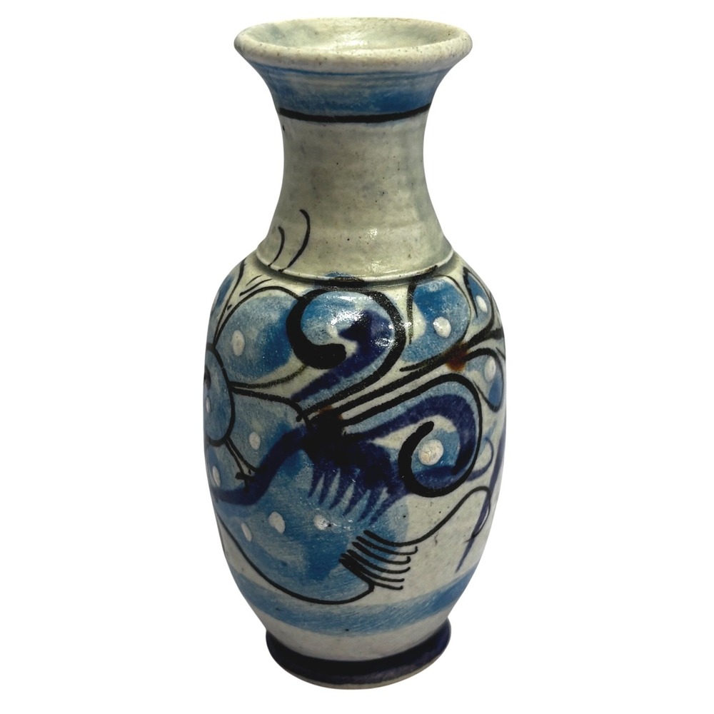Vintage Mexican Pottery Bud Vase Blue White Hand Painted Bird Signed MEX JL 3.5"